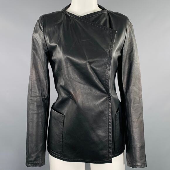 AKRIS Size 4 Black Wool Lambskin Leather Snaps Jacket - Picture 2 of 11